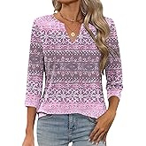 LOMON Women 3/4 Sleeve Tops Summer V Neck T Shirts Spring Boho Blouses for Women Business Casual 2025 Pink L