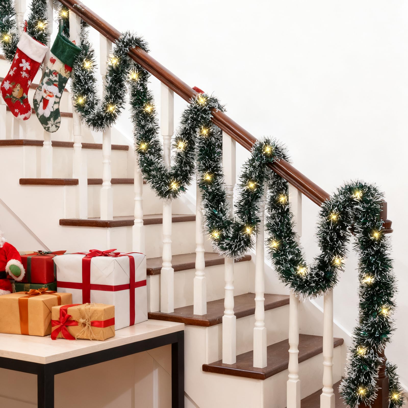 Photo 1 of 15FT Christmas Garland with Lights, Plug-in Lighted Outdoor Christmas for Stairs Railings, Fireplace, Xmas Tree, Indoor & Outdoor Holiday Decoration (3 Pack)