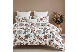 MOVE OVER Dark Red Floral Duvet Cover King Size, 100% Cotton Bedding Set with Zipper Closure & Corner Ties, Soft Breathable V