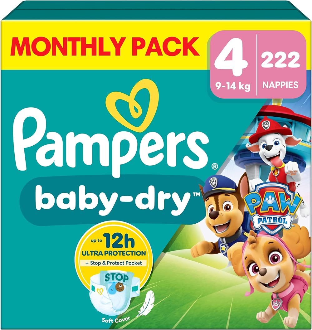 Pampers Baby-Dry Paw Patrol Edition Size 4 222 Nappies 9kg-14kg
