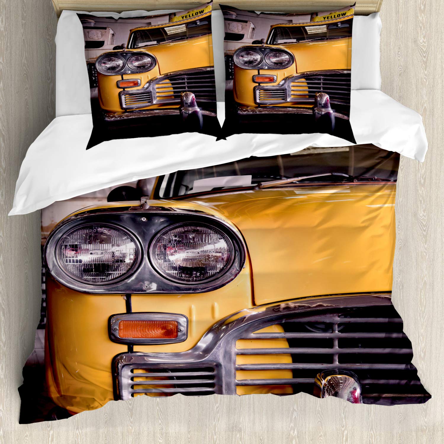 ABAKUHAUS New York Duvet Cover Set, Picture of Antique Yellow Taxi Historic Element of Old NYC Nostalgia Vintage Cab, Bedding Set 3 Pieces with 2 Pillow Shams, 155 cm x 220 cm, Yellow Grey — image 1