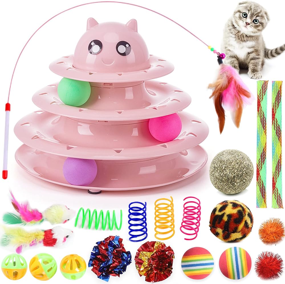 Suhaco 21 Pack Cat Toys Indoor Interactive Kitten Toy Roller 3 Level Pink