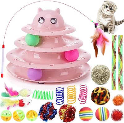 Suhaco 21 Pack Cat Toys Indoor Interactive Kitten Toy Roller 3 Level Pink