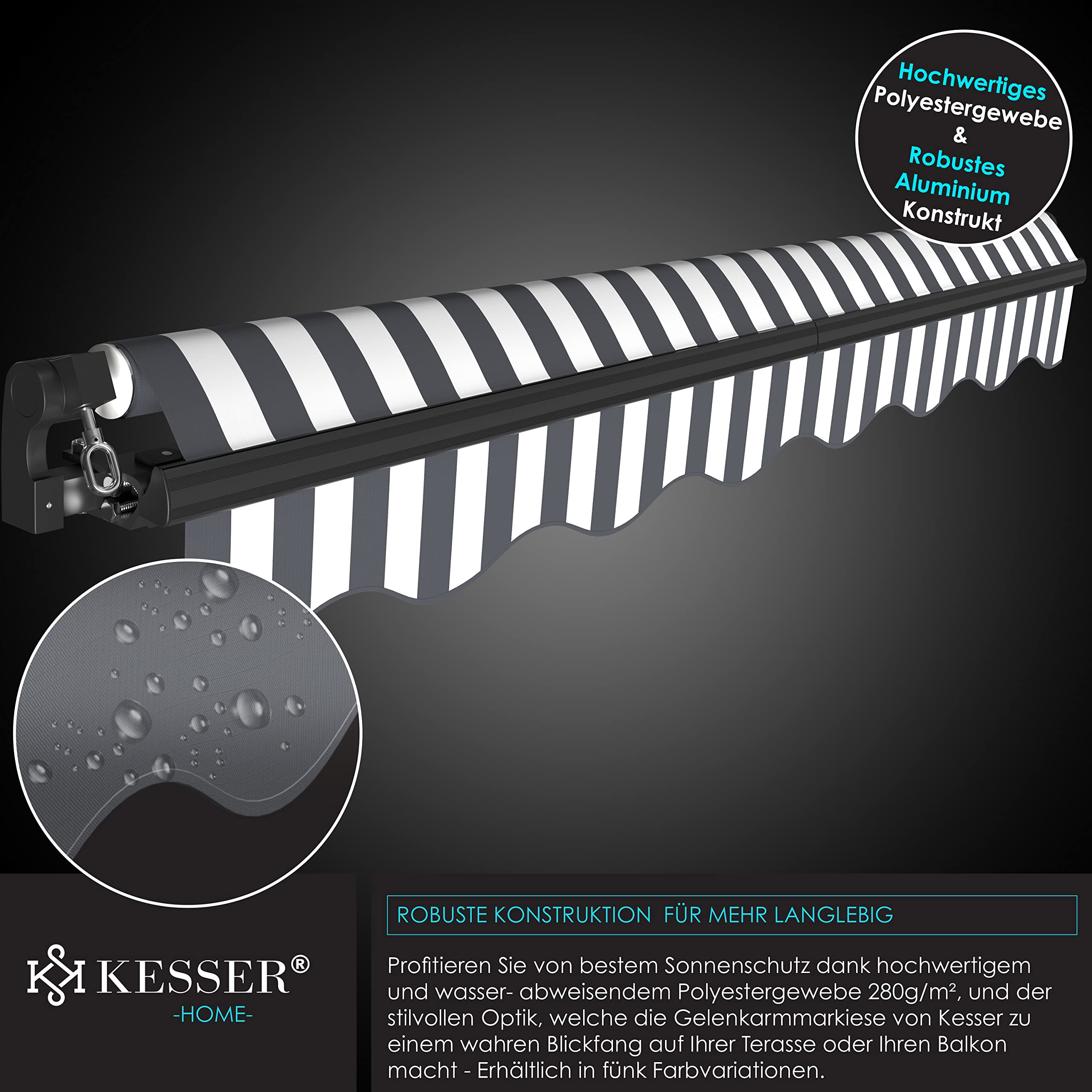 KESSER® Gelenkarmmarkise Markise Gelenkmarkise 250 x 200cm Terrassenmarkise Klemmmarkise Sonnenmarkise inkl. Wandhalterung Sonnenschutz Balkonmarkise wasserabweisend Alu/Polyester, Weiß/Anthrazit 9