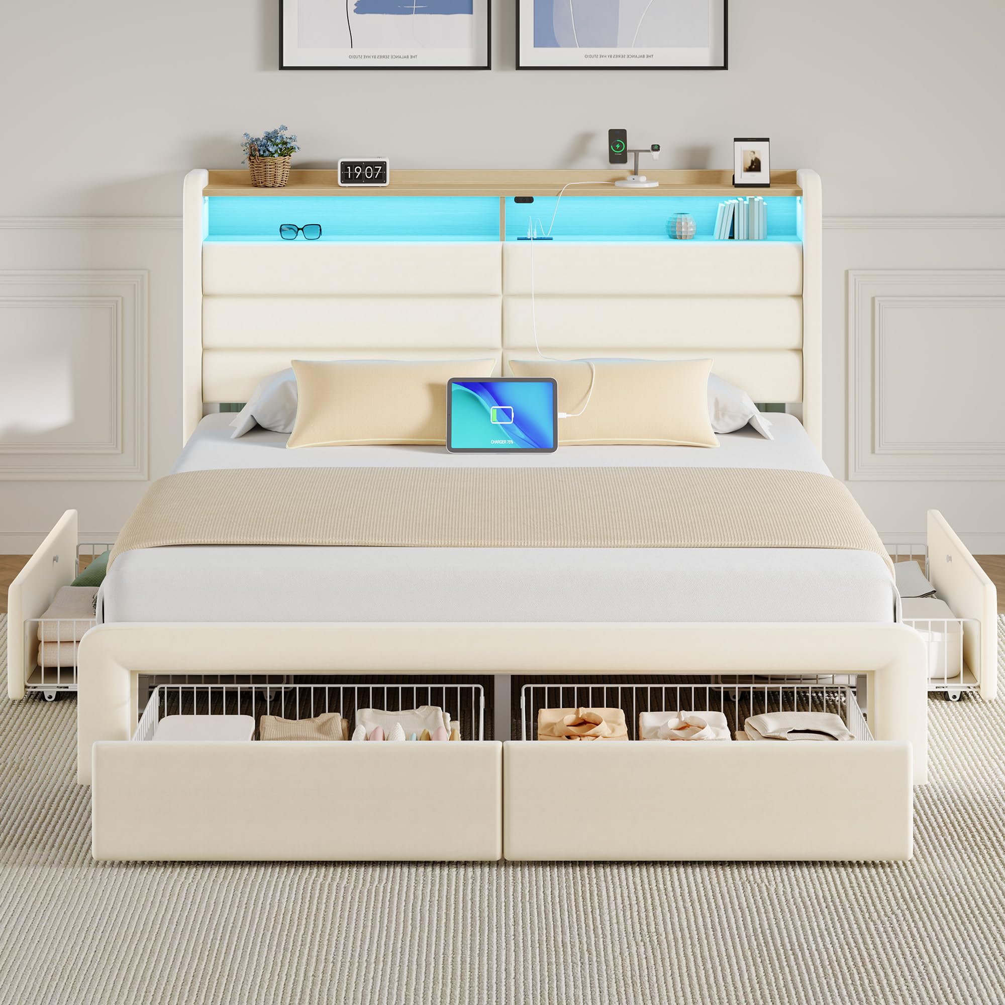 Seventable Queen Bed Frame with Storage Drawers & Charging Station, Upholstered Platform Bed with LED Light and Storage Headboard, No Box Spring Needed, Noise Free, Easy Assembly, Biege Image