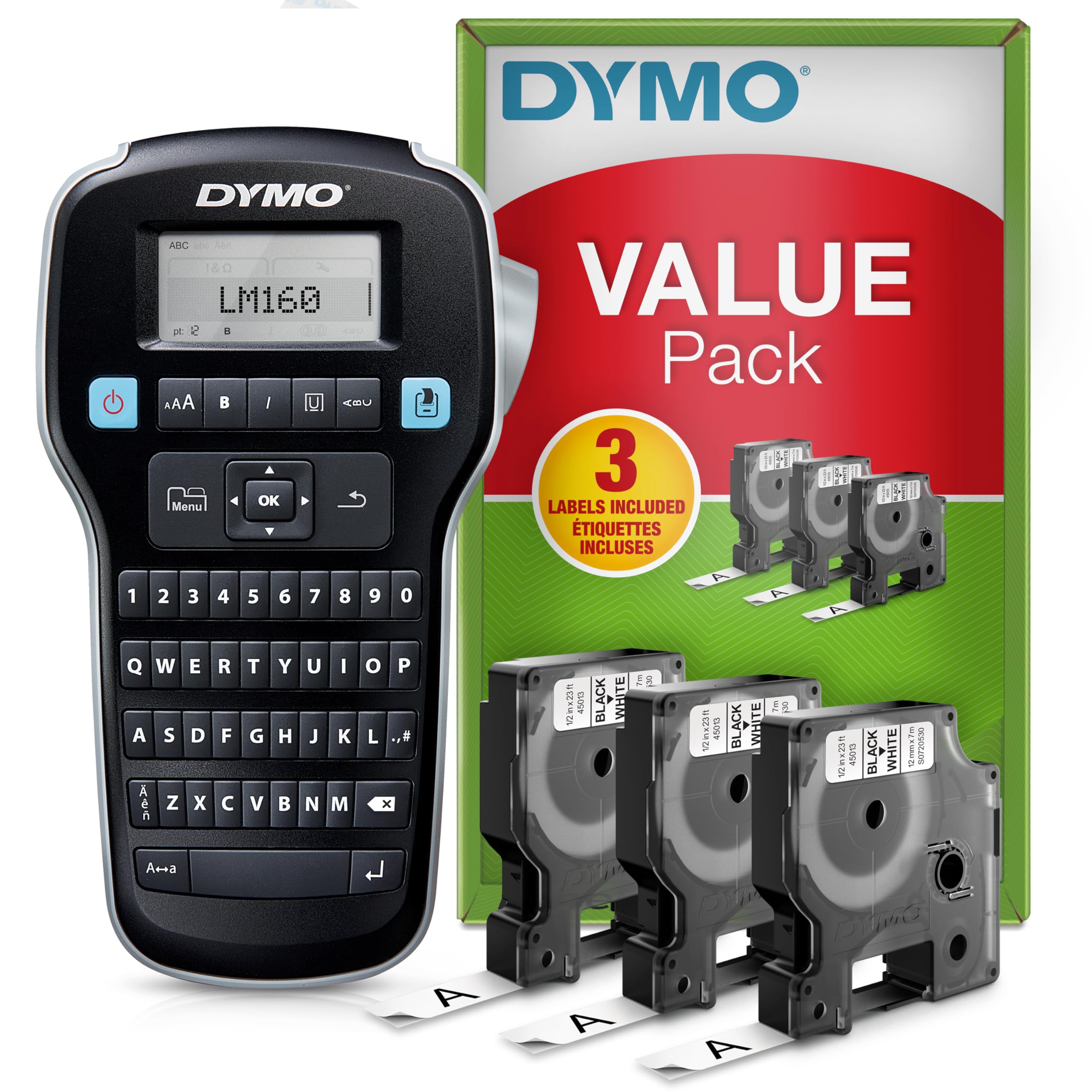 DYMO LabelManager 160 Label Maker Starter Kit | Handheld Label Maker Machine | with 3 rolls of Dymo D1 Label Tape | QWERTY Keyboard | Ideal for Office or Home