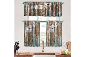 MCALK Floral Kitchen Curtains Tiers and Valances Set 3 Piece for Windows Butterfly Kitchen Window Curtains Set,Farmhouse Wooden Texture Valances for Living Room(36" Tiers Set)