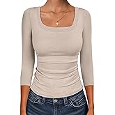 ANRABESS Womens 3/4 Sleeve Scoop Neck Tops Ribbed Knit Slim Fitted Casual Basic Tee Shirts 2025 Fall Trendy Going Out T-Shirt