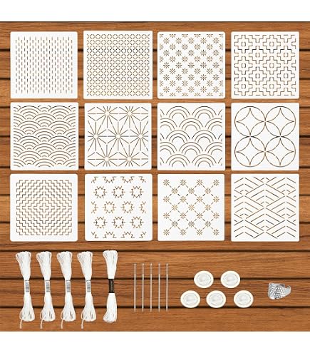 30 Pochoirs Sashiko Motifs Géométriques - Kit 13x13 Cm En Plastique Pour Broderie, Quilting Et Couture