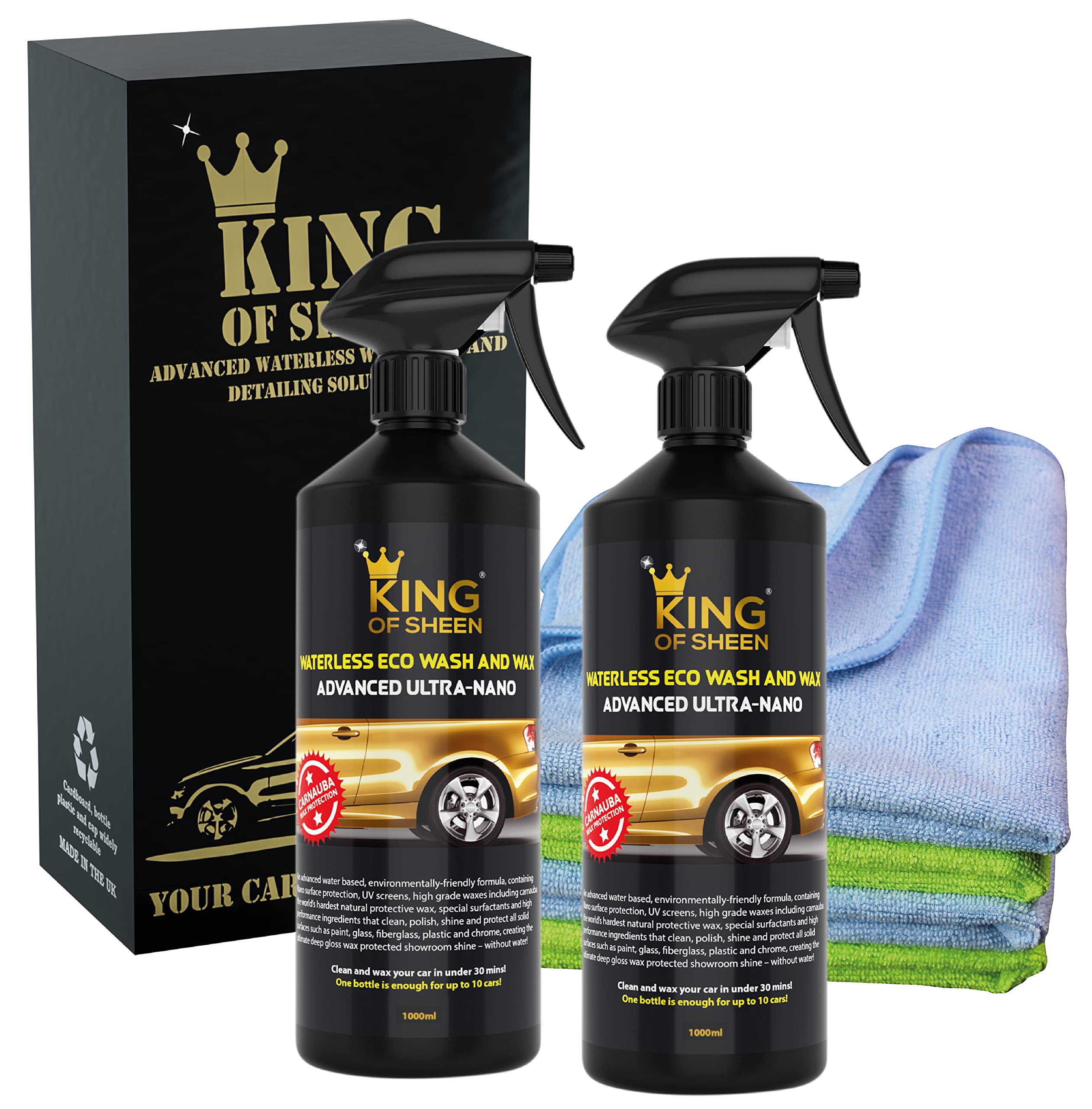 King of Sheen, Waterless Car Wash and Wax Spray Car Cleaner with Canauba Wax and Nano Polymers for Unbeatable Protection and a Lasting Shine, (2 x 1L Bottles) + 4 Professional Microfibre Cloths