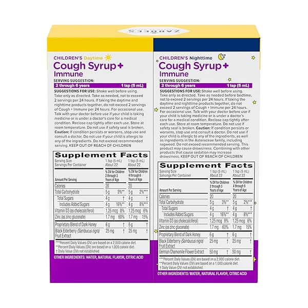ZARBEE’S CHILDREN’S HONEY COUGH SYRUP + IMMUNE DAY & NIGHT VALUE PACK, DAYTIME & NIGHTTIME TODDLER COUGH SYRUP WITH DARK HONEY, REAL ELDERBERRY, VITAMIN D, & ZINC, MIXED BERRY, TWO PACK, 2 X 4 FL. OZ