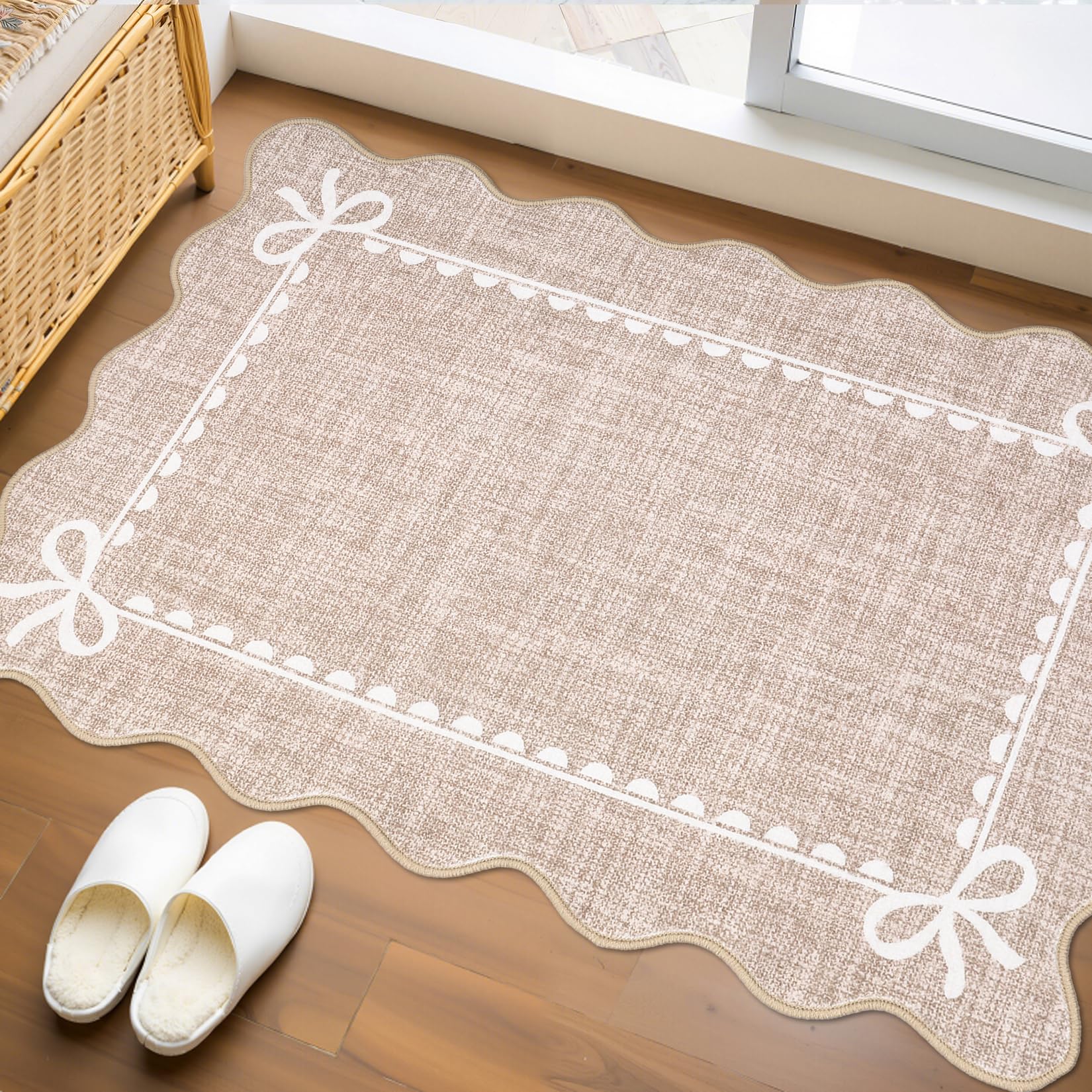Photo 1 of GarveeHome Scalloped Bow Rug for Kitchen Floor, Solid Camel Rug for Dorm, Washable Entryway Rugs 2x3 Soft Low Pile Non Slip Scalloped Rugs for Nursery Bedroom Decor Hallway