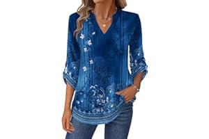 Zeagoo Womens Basic Casual V Neck Print Cuffed Long Sleeve Work Tops Blouses Shirts S-2XL