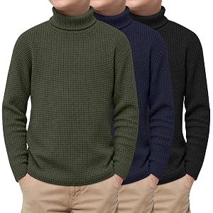 Custoneei 3 Pack Boys' Turtleneck Shirts 5-14y | Long Sleeve Shirts, Thermal Undershirts, Waffle, Cotton Blend, Casual, Basic
