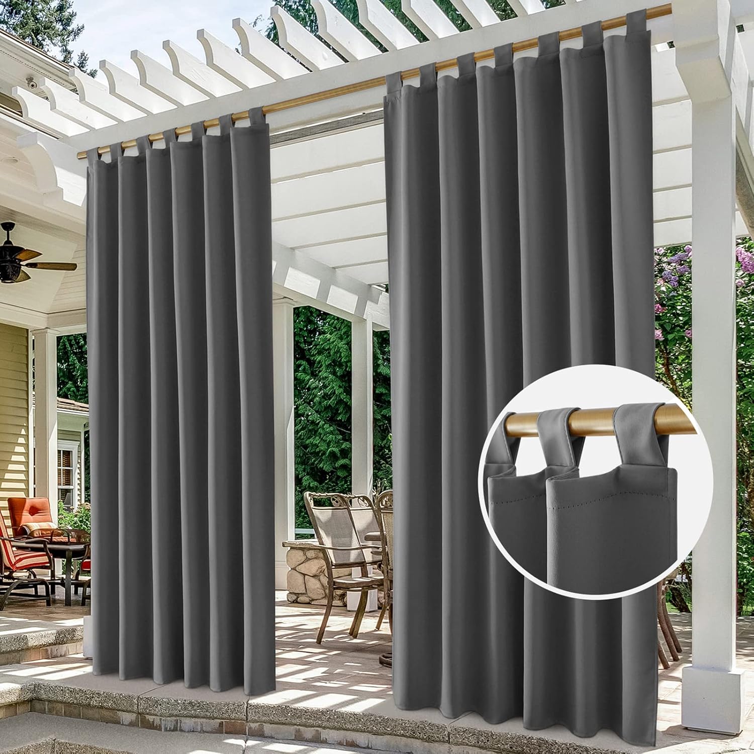 Outdoor Curtains - HOMEIDEAS 2 Panels Tab Top Outdoor Curtains for Patio Waterproof, Grey Blackout Outdoor Curtains, 52 X 108 Inch Thermal Insulated Gray Outdoor Patio Curtains for Porch/Pergola/Cabana/Gazebo