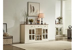 FOREST GRAVITY Wine Liquor Bar Cabinet with Locks,55.1'' Coffee bar Cabinet with 7 LED Lighting,Slide-Out Shelf and Open Shelf,3 Drawers and 2 Glass Doors,for Kitchen and Dining Room,Antique White