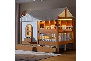 CKLMMC Full Size House Bed with 2 Large Drawers, Side Bookshelf with LED Strip, Cozy Reading Nook & Playhouse for Boys & Girls (Walnut-T)