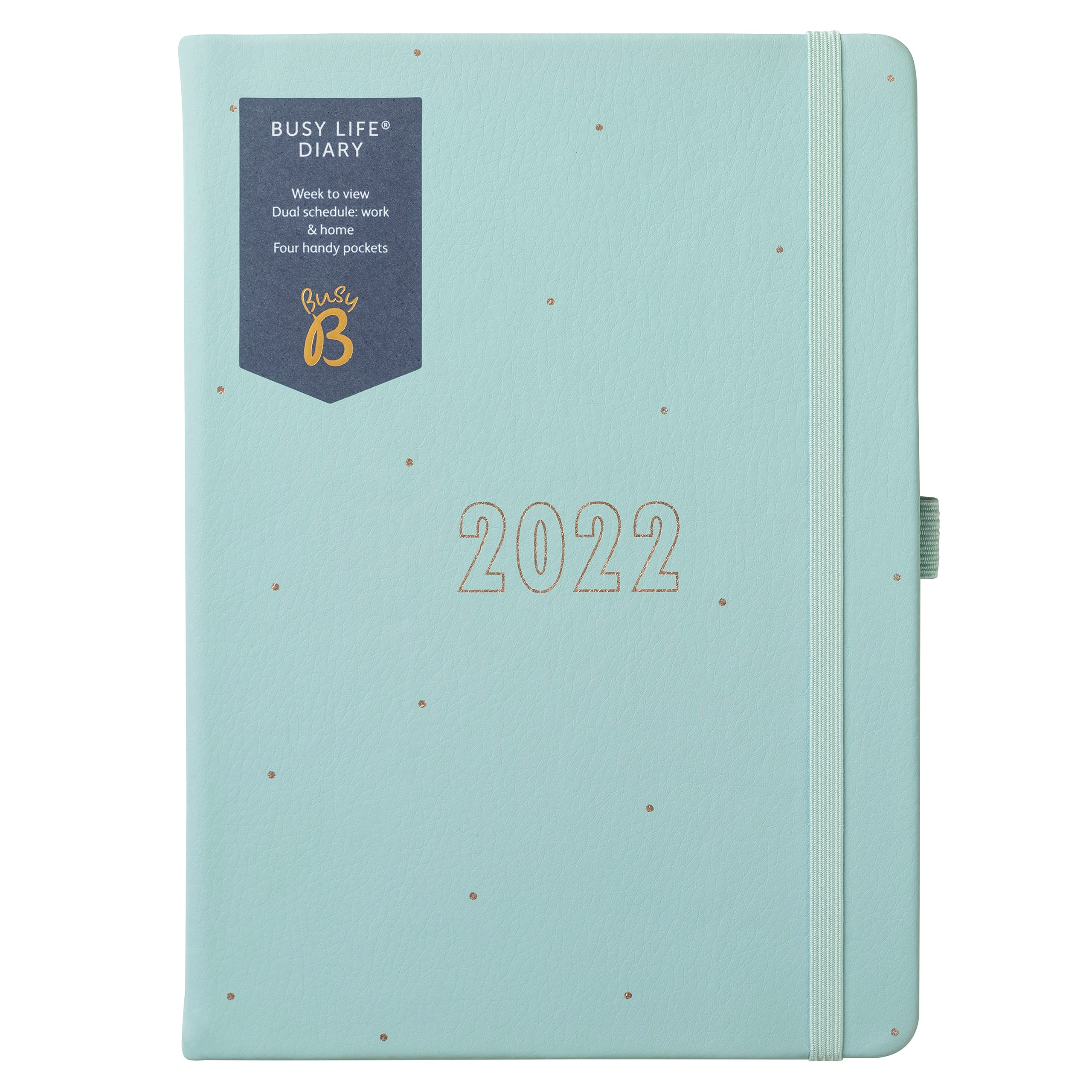 Busy B Busy Life Diary January to December 2022 - A5 Blue Faux Leather Week to View Planner with Dual Schedules, Pen Holder and Pockets
