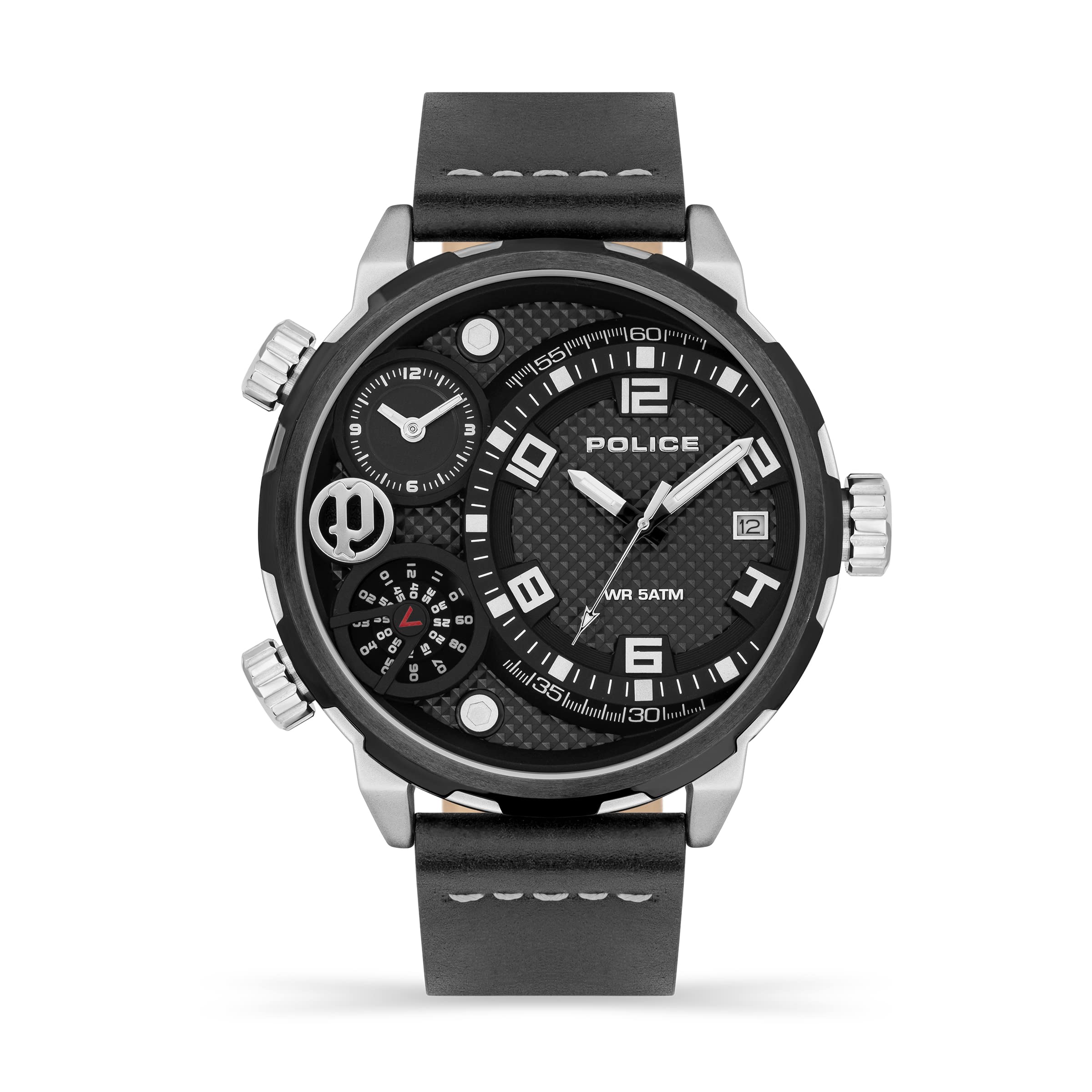 Police Ray Mens Chronograph Watch with Black Dial and Black Leather Strap, 51mm Stainless Steel Case in Branded Watch Box PEWJB2195341-2 Year Warranty