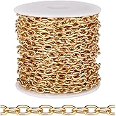 [33 FT] Gold Plated Rolo Cable Chain Bulk for Jewelry Making, 5MM Aluminum Gold Oval Cable Link Chains Roll Spool for DIY Craft Jewelry Making