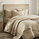 Wonderful Natural Linen Cotton Quilt - Wavy Box Stitched Beige King Quilt, 100% Cotton Filling, Pre-Washed, Soft & Breathable, Hypoallergenic, All-Season Use, Bedspread & Coverlet Bedding, 104"x94"