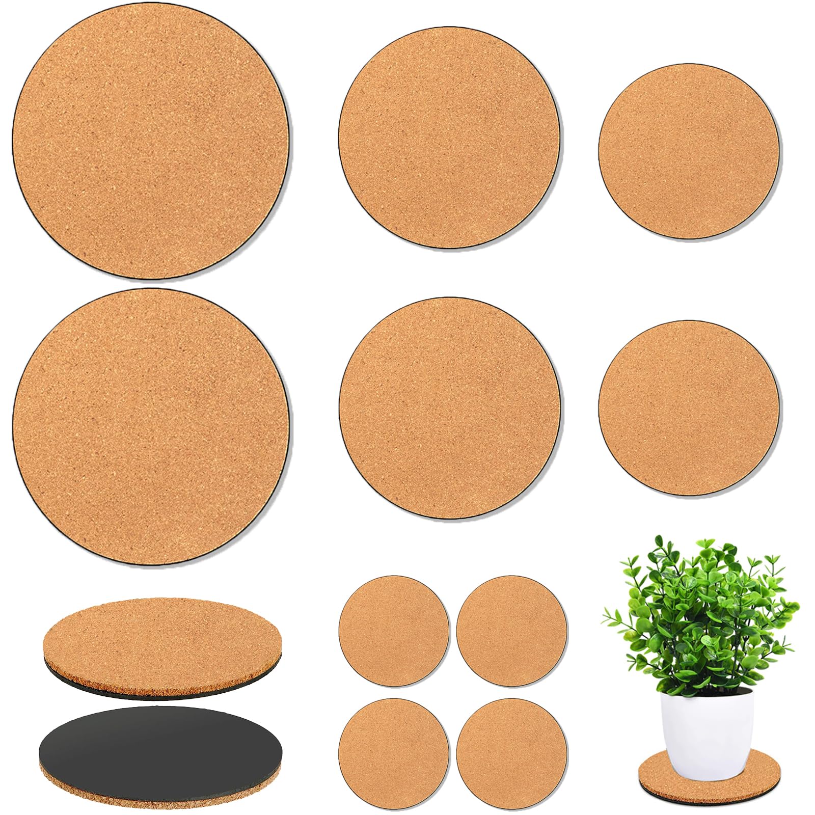 Photo 1 of 10 Pieces 4 Sizes Cork Plant Coasters, 4/6/8/10 Inch Cork Plant Mats, Plant Coasters for House Plants Indoors (Nude & Black)