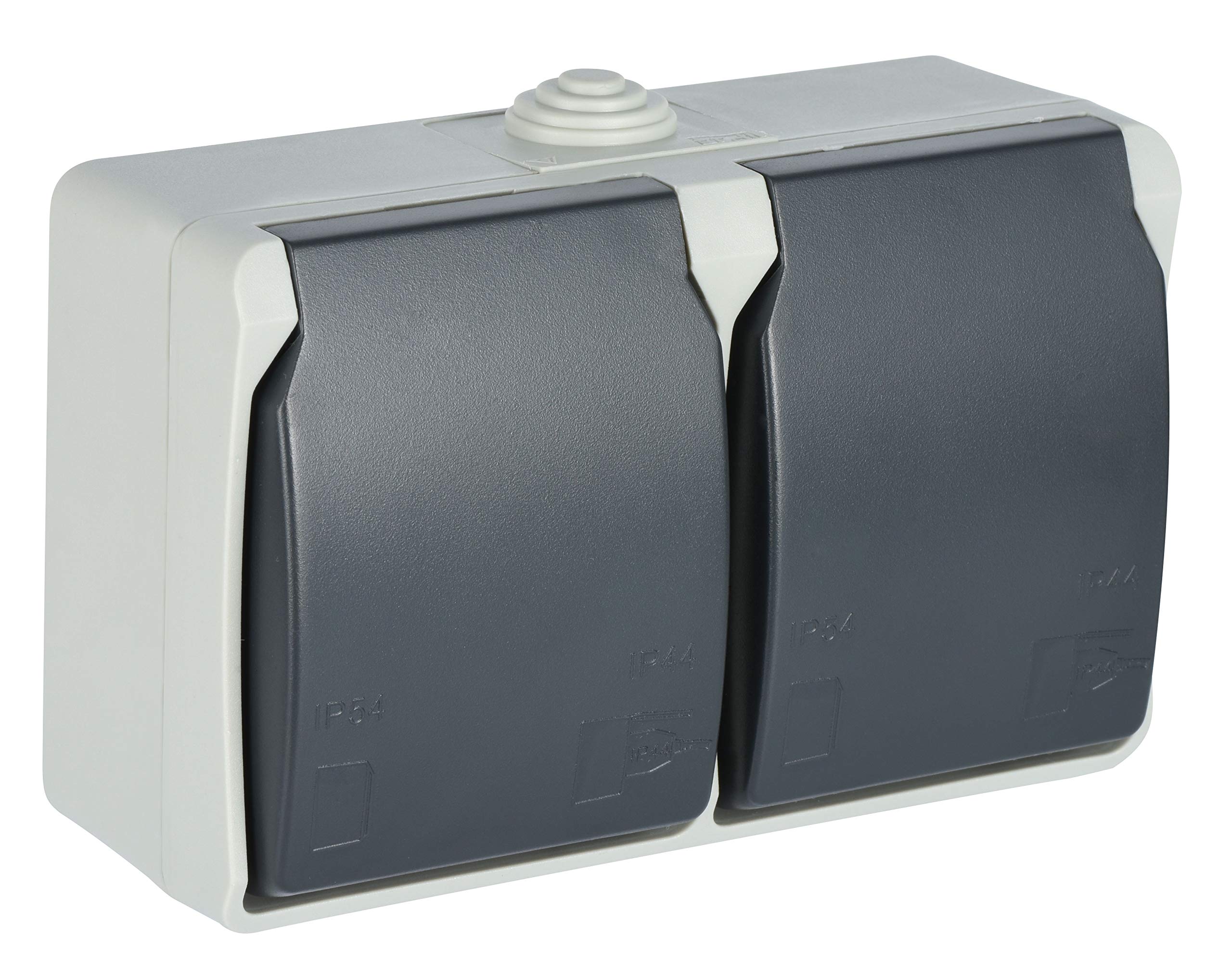 Electraline Aquatop 605908 2 Protective Contact Sockets with Lids, Suitable for Outdoor Use and Wet Rooms, IP44 Protected, Aquatop, Grey/Anthracite