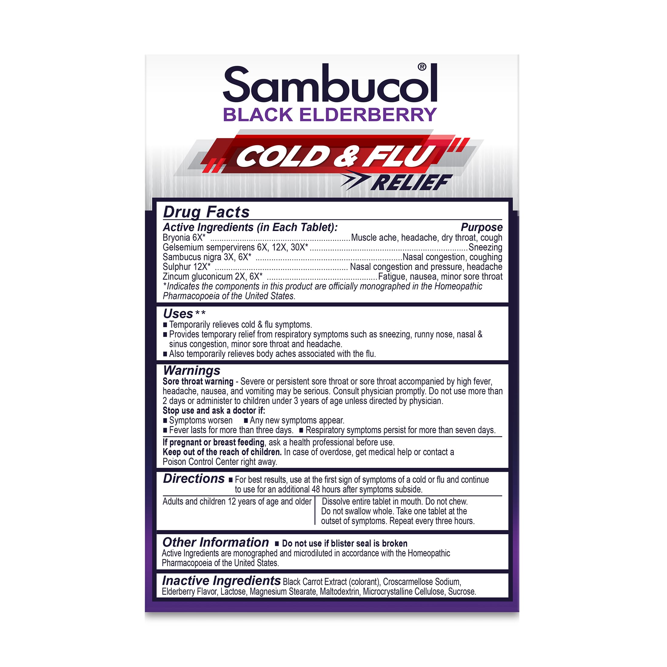 Sambucol Cold and Flu Relief Tablets - Homeopathic Cold Medicine, Remedy for Adults, Black Elderberry for Colds, Zinc Remedy - 30 Count