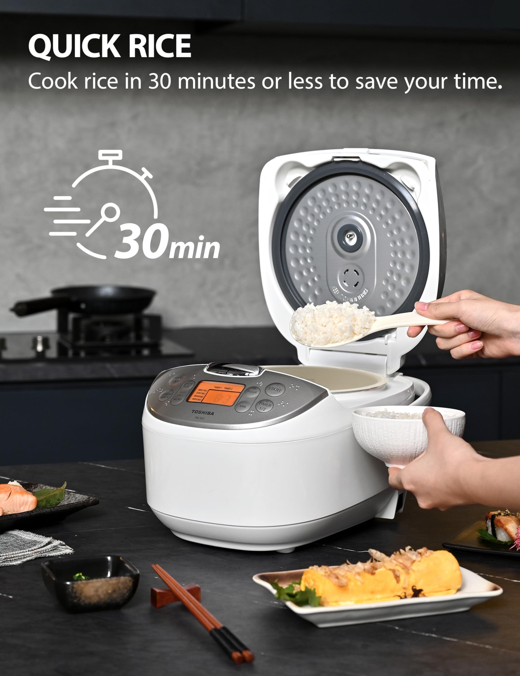 Toshiba Rice Cooker 6 Cup Uncooked – Japanese Rice Cooker with Fuzzy Logic Technology, 7 Cooking Functions, Digital Display, 2 Delay Timers and Auto Keep Warm, Non-Stick Inner Pot, White