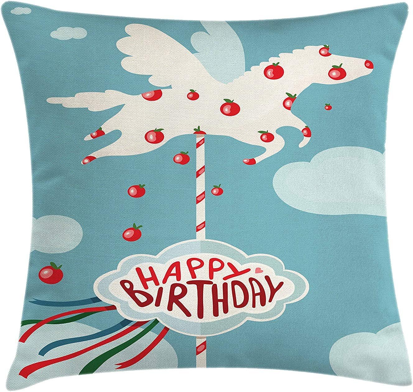 Birthday Throw Pillow Cushion Cover, Carousel Horse Silhouette with Apples Merry Go Round Carnival Theme, Decorative Square Accent Pillow Case, Pale Blue Vermilion Cream24"