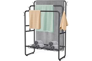 Kayfia 40" Tall Standing Towel Racks, 3 Tier Towel Stand Blanket Rack with 2 Removable Storage Baskets & 6 Hooks, Indoor Outdoor Freestanding Towel Racks for Bathroom Bedroom Organizer