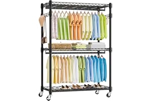 ENJOYBASICS Heavy Duty Metal Clothes Rack with Lockable Wheels, 3-Tier Adjustable Garment Clothing Rack for Hanging Clothes, Wardrobe Storage with Double Rods and Side Hooks, Black