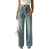 heipeiwa Women's Rhinestone Jeans Wide Leg Denim Pants High Waist Sparkle Shiny Glitter Sequin Trouser Outfit