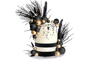 RASSLISA 40 PCS Black Gold Cake Toppers Ball Cake Decoration Boho Bunny Tails Reed Grass Cake Decoration for Boho Wedding Birthday Baby Shower Party Cake Decoration Supplies