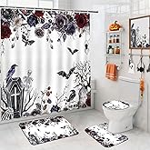 Lindameler 4 Pcs Shower Curtain Sets Halloween Bathroom Curtain Sets Horror Flower Fabric Curtain for Bathroom Decor with 12 Hooks