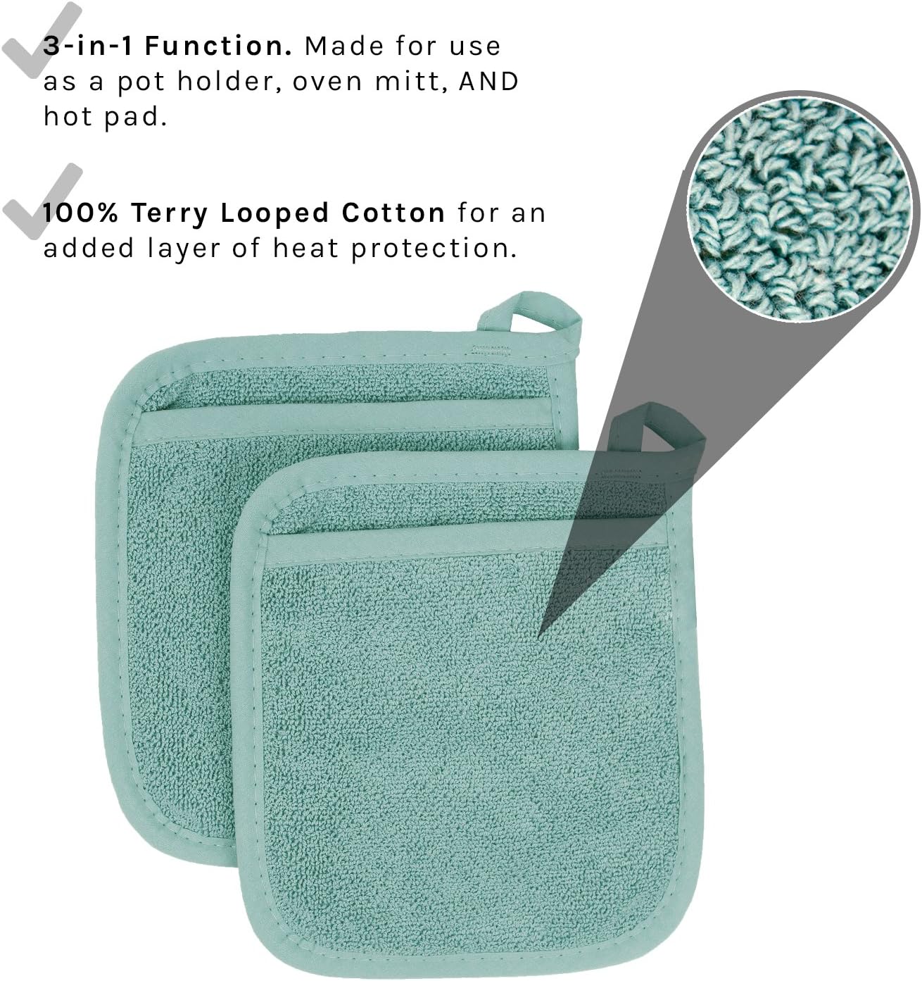 Ritz Royale Collection 100% Cotton Terry Cloth Pocket Mitt Set, Dual-Function Hot Pad / Pot Holder, 2-Piece, Dew: Home & Kitchen