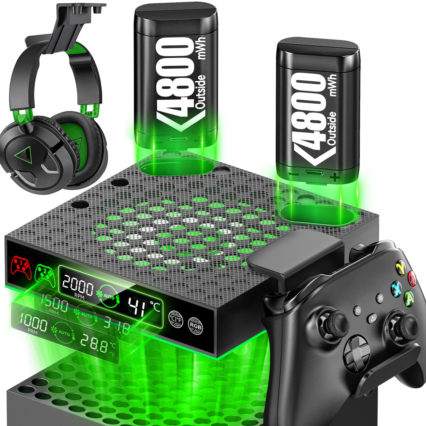 LVVIL Cooling Fan with 2 Packs 4800mWh Rechargeable Battery for Xbox Series X/S Console, Built-in Auto Adjustable Cooling System with Xbox Fans Cooler, Controller & Headset Holders Included