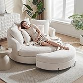 Aoiy & Wifon 59.8" W Oversized Barrel Chair with Ottoman, Round Chair with Ottoman, Extra Large Living Room Chair Set with Wh