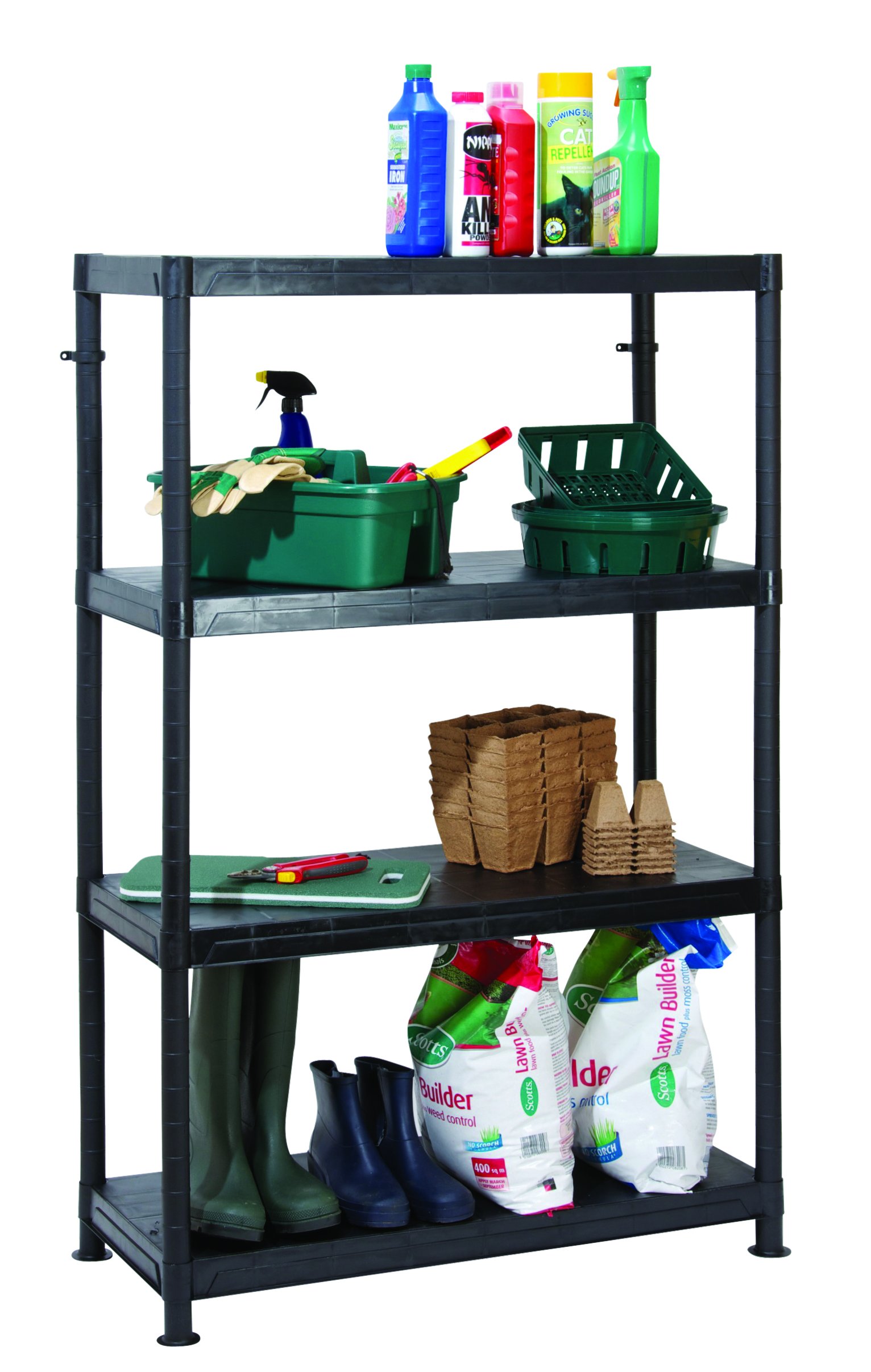 BiGDUG Black Plastic Shelving Unit - 1400H x 900W x 400D mm - Weather Resistant Garage Shelving - 50kg Capacity Per Shelf UDL - 4 Tier Multi-purpose Lightweight Shelving - Shed & Garage Shelving