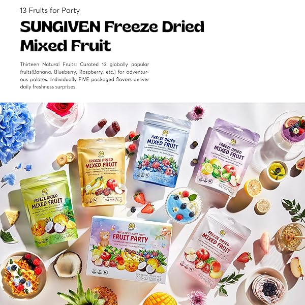 SUNGIVEN FREEZE-DRIED FRUIT PARTY WITH 10+ FRUITS, MIXED FRUITS VARIETY PACK OF 5 BAG, 7.06 OZ, HEALTH SNACK, FRUIT CRISPS, FREEZE DRIED APPLE STRAWBERRY BERRIES LEMON COCONUT FIG MANGO PINEAPPLE, NO SUGAR ADDED, MADE WITH 100% FRUIT