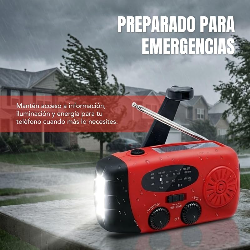 RÁDIO SOLAR DE EMERGÊNCIA com manivela e carregamento USB-C, rádio portátil AM/FM com bateria recarregável de 2000mAh, lanterna LED, power bank, ideal para campismo, sobrevivência, excursões, apagões e casa — foto 2 de 8