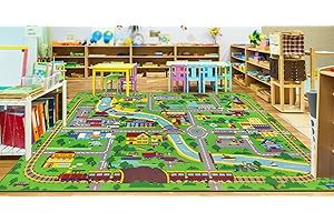 Capslpad Kids Rug 6'6" x 9'8" Educational Learning Kids Play Area Rug Large Traffic Road Cars Rug Play Mat for Kids Toy Nursery Rug Kids Car Carpet for Playroom Living Room Classroom Decor Green