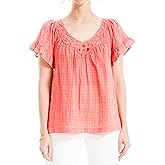 Max Studio Womens Flutter Sleeve Embroidered Neck Blouse