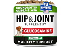STRELLALAB Hip & Joint Glucosamine Supplement Treats for Dogs - Chondroitin, Omega-3, MSM - Advanced Joint Health Support Chews for Large Breed - Pain Relief - Bacon Flavor - 120 Ct - Made in USA