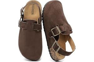 DDXYYDS Men's Suede Clogs with Back Strap Adjustable Cork Footbed Leather Mules Clogs for Women Comfort Memory Foam Slingback Clog Sandals with Buckle Slip on Potato Shoes