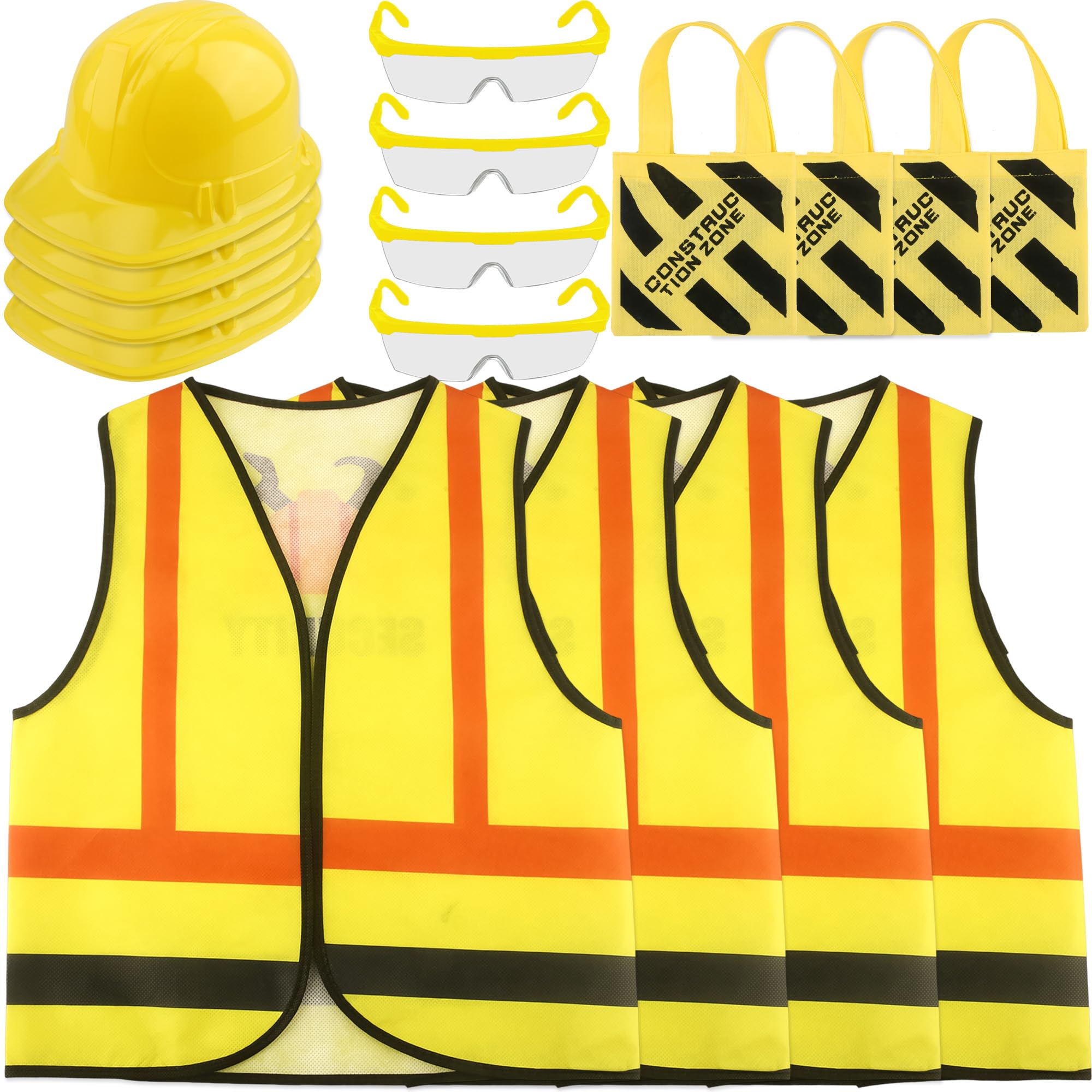 Photo 1 of 16 Pcs Kid Construction Worker Costume Set Include Construction Vest Hat Goggles and Tote Bag for Kids Halloween Role Play (Color Set 2)
