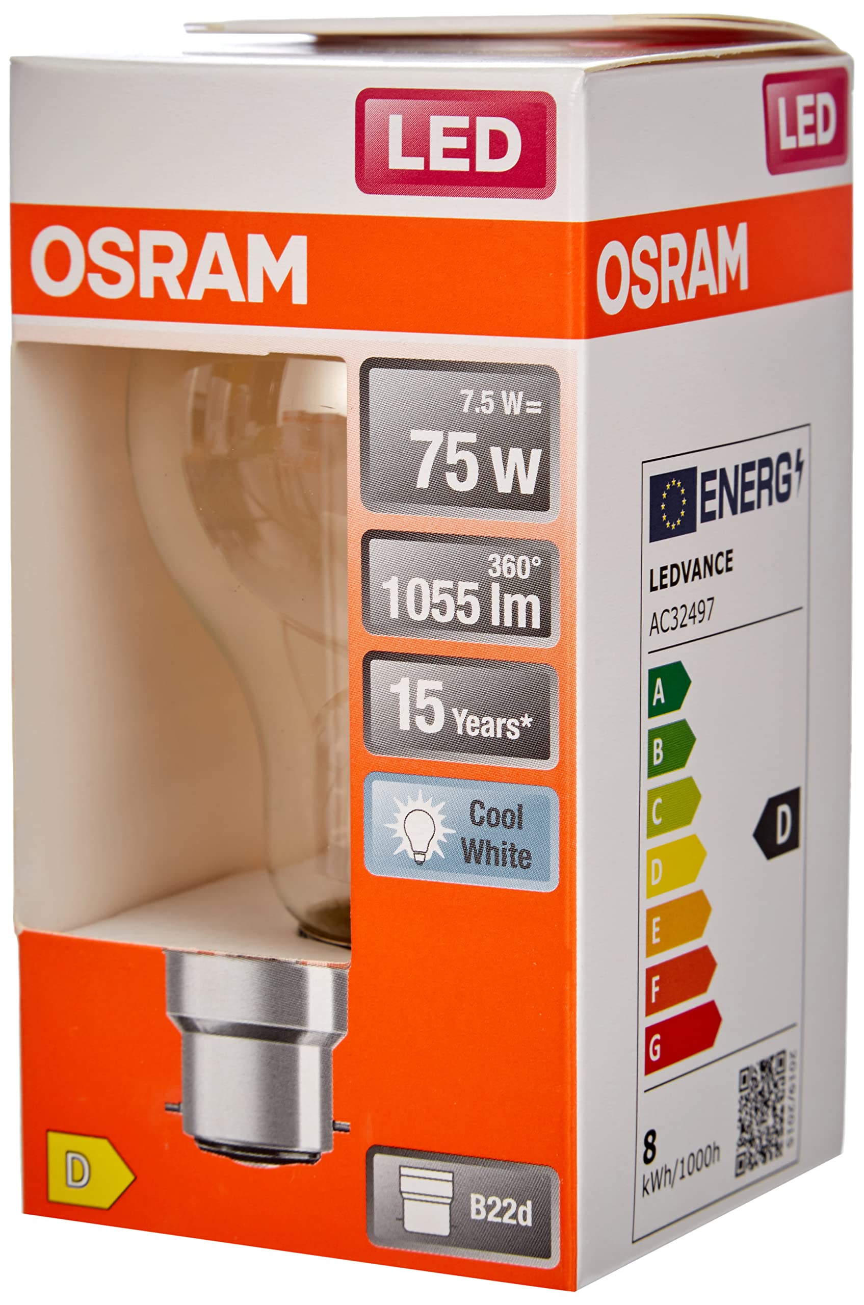 OSRAM LED Star Clear Filament LED lamp, B22d Base, Cool White (4000K), Bulb Shape, Replacement Set for Conventional 75W Bulbs, Pack of 6