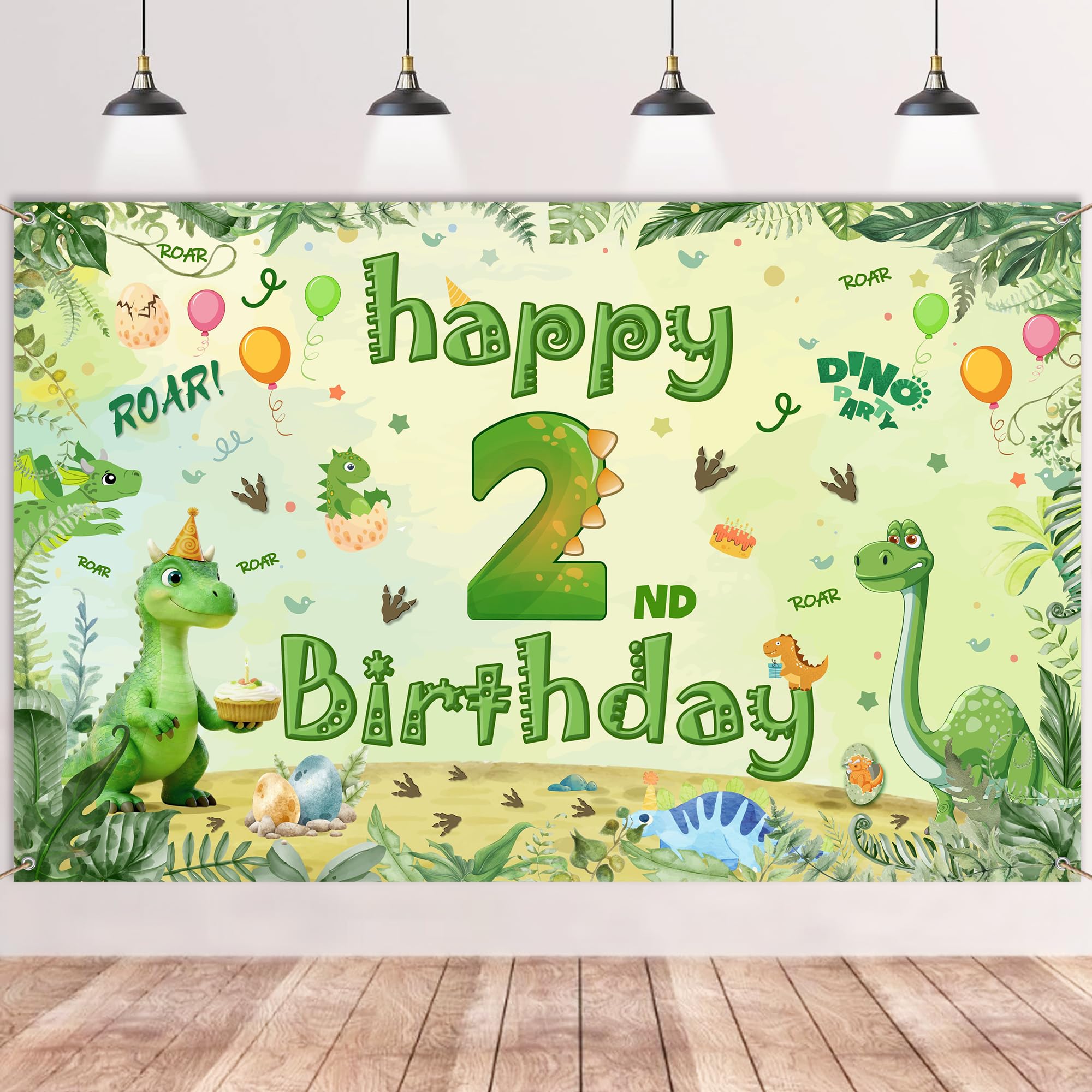 Dinosaur 2nd Birthday Decorations Banner - Green Happy 2nd Birthday Background Banner for Boys (100 X 150 cm), Dino Themed Photography Backdrop Decor for 2 Years Old Kids Jungle Party Supplies