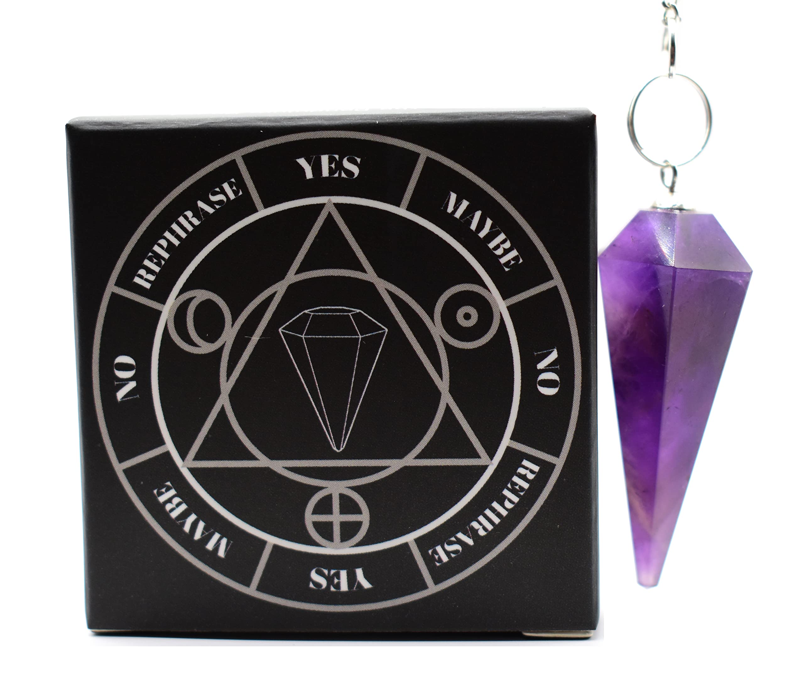 Genuine Amethyst Crystal Pendulum + Pendulum Chart Box - for Dowsing and Healing, Ethical Source, Hand-Cut & Reiki Charged