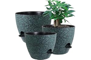 UOUZ Large Self Watering Pots, 12/10/9 Plastic Planters with High Drainage Holes and Deep Reservoir for Indoor Outdoor Garden Plants and Flowers, Black with Green Speckles